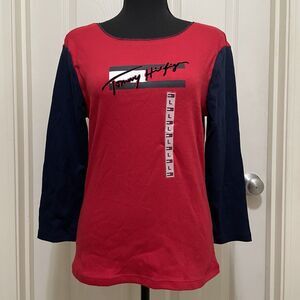Vintage Tommy Jeans Top 3/4 Sleeve Red‎ Blue Logo NWT RARE Y2K Deadstock Large